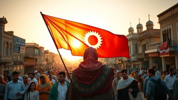 Person holding Kurdistan flag in Iraqi Kurdistan cityscape.