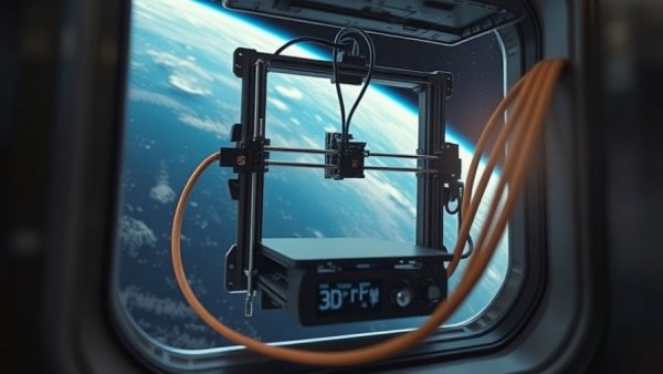 3D printer in space with coiled filament, zero gravity.
