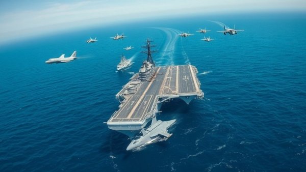 Naval fleet and jets in formation at sea; financial implications of military action against Iran.
