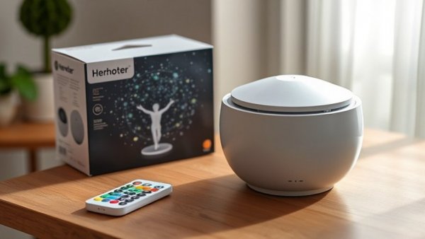 Herhoter Galaxy Star Projector and remote near box on wooden table.