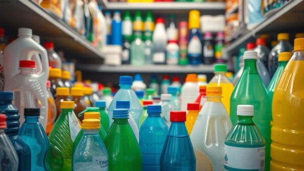 Assorted plastic bottles in lab setting, illustrating plastic upcycling.