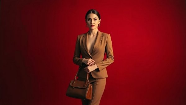 Elegant woman in a brown suit with handbag in studio. Nano Banana 2 AI image generation.