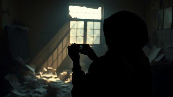 Woman during Iran internet blackouts capturing destruction in dim room