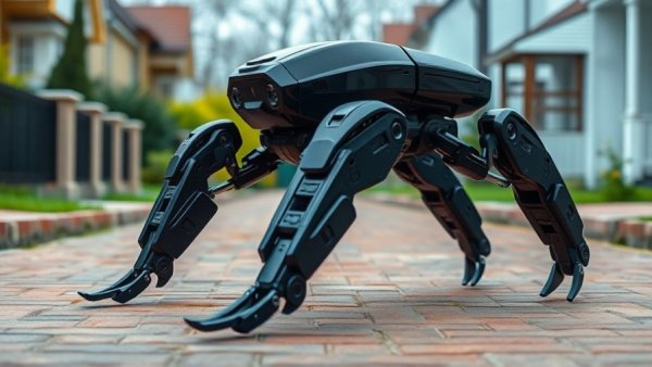 Sleek robotic metamachine on brick path in residential area.