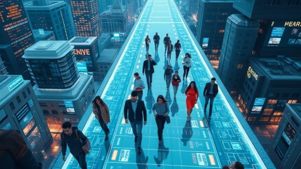Futuristic scene of people walking on a digital grid, illustrating Privacy and Cybersecurity.