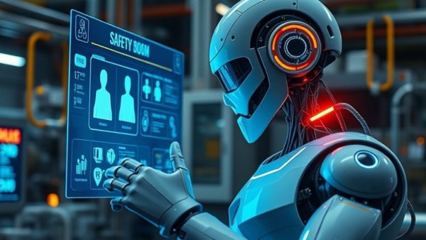 Futuristic robot checking digital workplace safety interface.