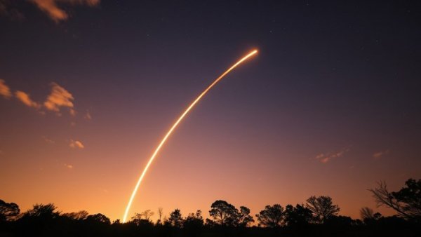 Rocket launch trail impacting atmosphere at night.