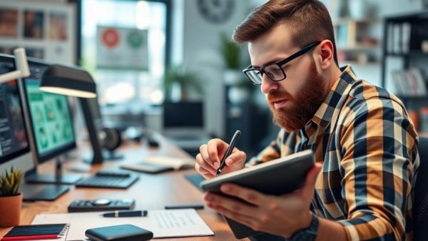 AI collaboration in art: artist drawing on digital tablet in tech workspace.