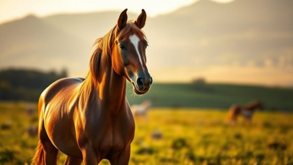 Majestic brown stallion in a sunlit field, horse IVF context.