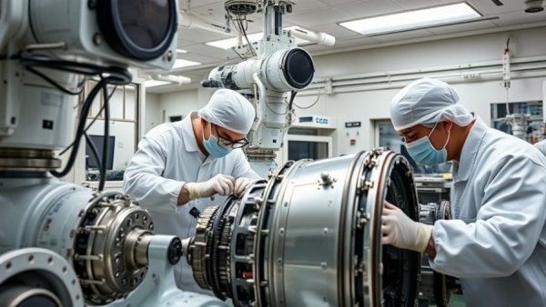 Technicians working on Dragonfly mission spacecraft in cleanroom lab.