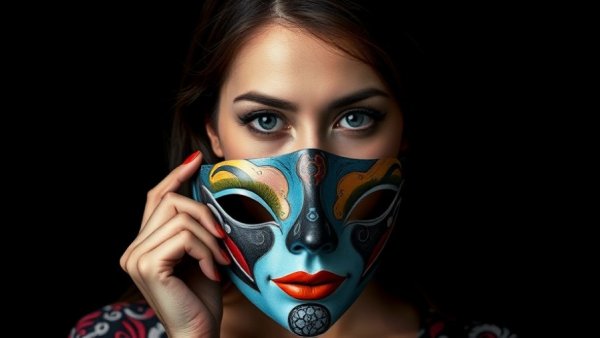 Surreal portrait of a masked woman illustrating AI scams.