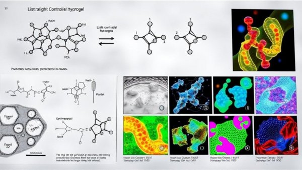 Illustration of light-controlled hydrogel process showing diagrams and results.