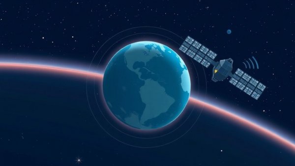 Minimalist Earth and satellite graphic with digital signals.