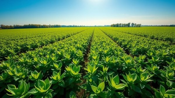 Expansive green farmland thriving under sunlight, biotechnology in plants.