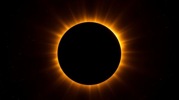 Solar eclipse with glowing corona in space.