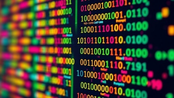 Colorful binary code screen suggesting AI data variety and human bias.