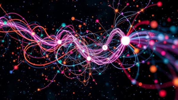 Quantum computing visualization with entangled particles.