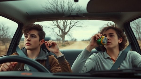 Inside view of a car with two young adults on a rural road, dusk light