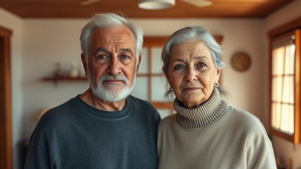 Middle-aged couple standing indoors in a modest room.