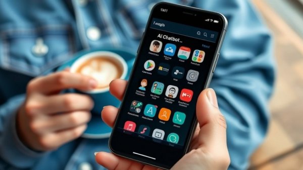 Smartphone with AI chatbot apps, casual background, focus on chatbots as search engine.