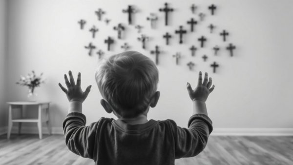 Child raising hands towards crosses on a wall, Prayerful, ICE Raids Chicago.
