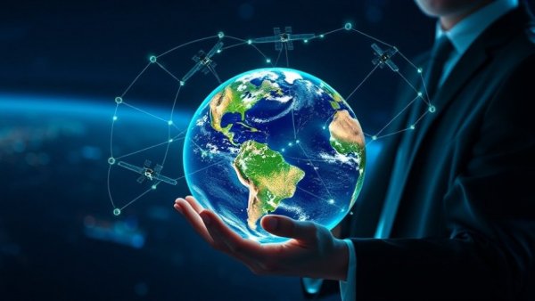 Digital concept of satellite data privacy and security with Earth and satellites.