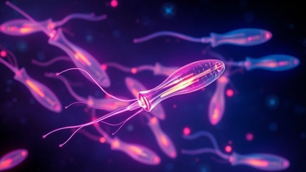 Futuristic glowing sperm cells depicting space reproduction.