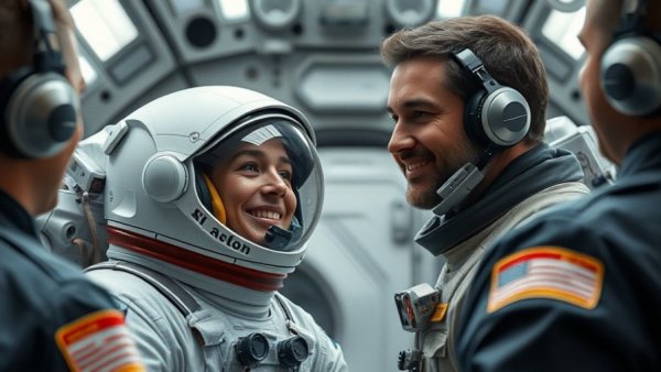 Astronaut preparing in space center with crew, smiling confidently.