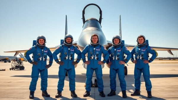 NASA Artemis II astronauts pose on airfield with jet, preparing for launch in blue spacesuits.