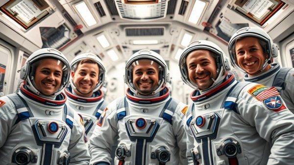 Artemis 2 astronauts in front of space module, smiling confidently.