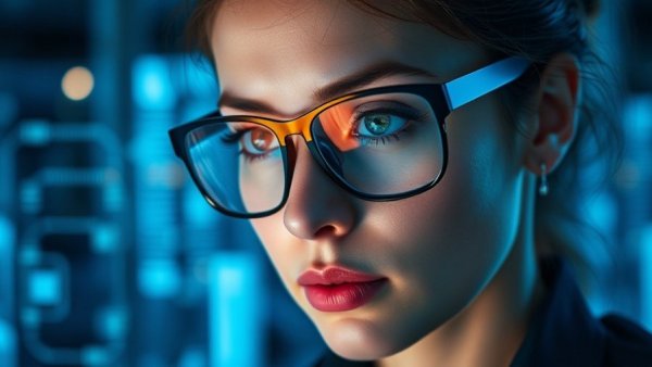 Focused woman examining quantum computing display in futuristic lab.