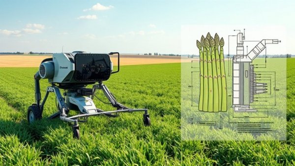 Robot harvesting asparagus in field with technical sketch.