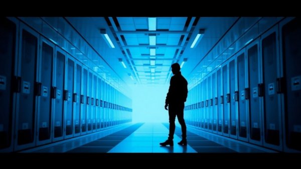 Futuristic hallway with person, chip-scale light technology.