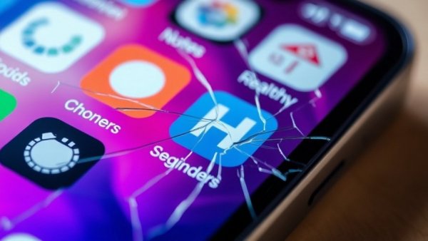 Cracked smartphone screen displaying app icons related to Apple iOS 18 backported security patches.