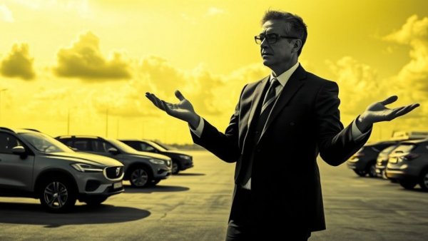 Pop art styled man in suit shrugging near SUVs.
