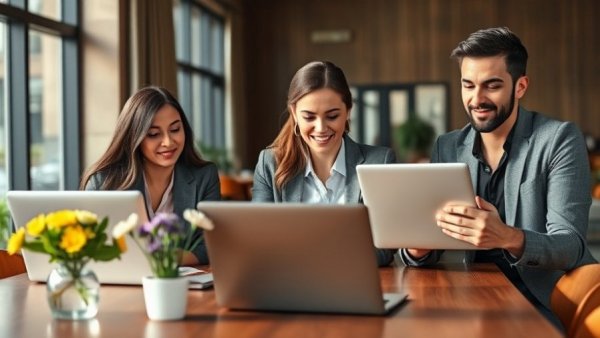Collaborative meeting with professionals working on laptops in a modern office.