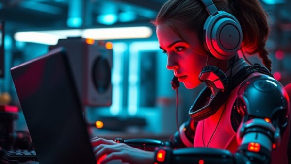 AI-Driven Market Intelligence Platforms depicted by cyborg woman on laptop.