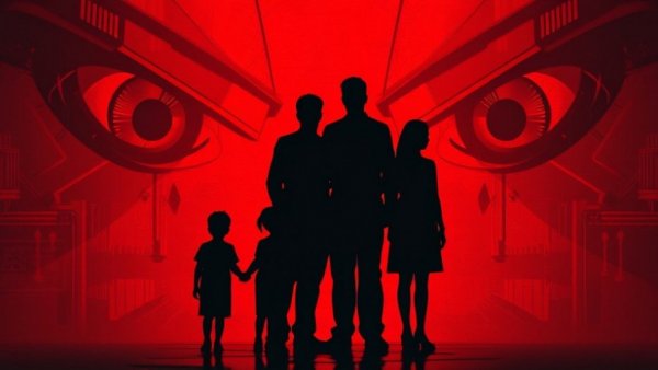 Silhouetted family in digital glitch with surveillance theme.