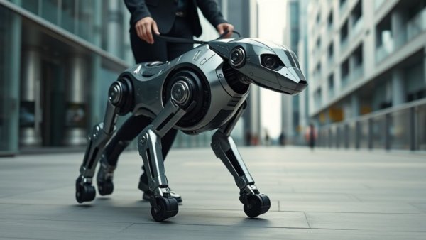 AI-powered guide dog leading person in urban environment.