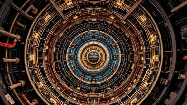 Complex particle collider interior related to quark-gluon plasma.