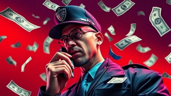 Pop art security guard surrounded by floating money representing political campaign security spending.