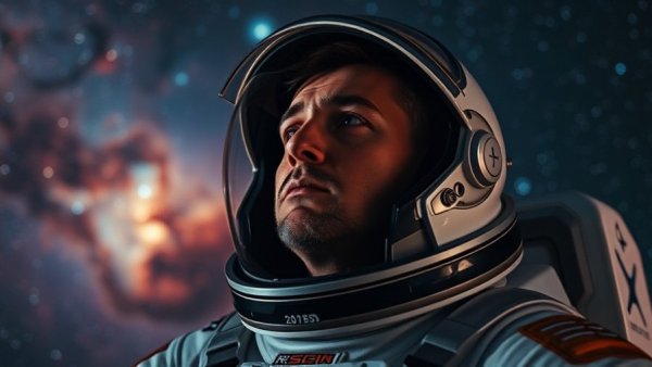 Astronaut in space suit gazes at distant planet in a cosmic scene.