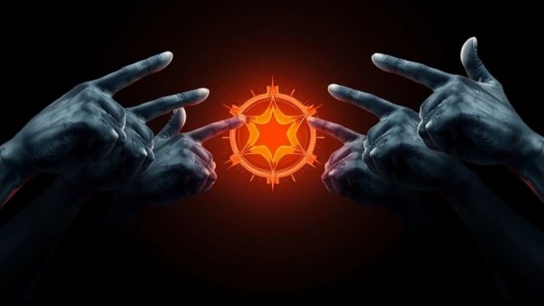 Abstract digital artwork of hands and a glowing symbol representing AI in Cybersecurity.