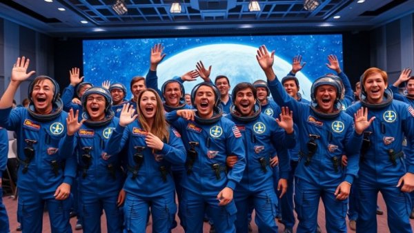 Astronauts celebrating at a space-themed event in blue uniforms.