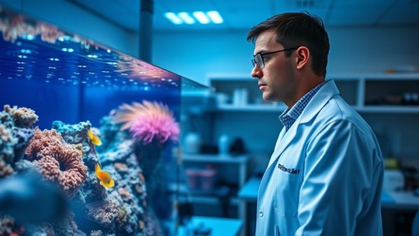 AI-driven coral reef restoration in lab with scientist.