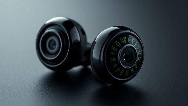 Futuristic AI earbuds with cameras, detailed design and circuitry.