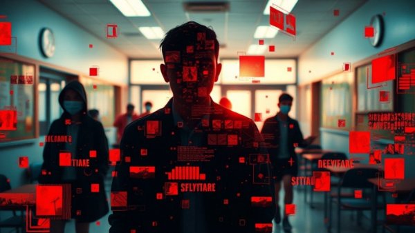 Stylized collage depicting deepfake crisis with pixel effects and red patterns.