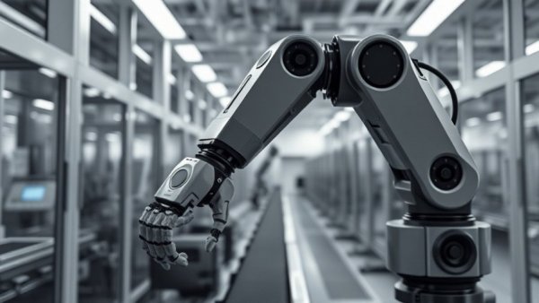 Futuristic robotic arm demonstrating kinematic intelligence in industrial setting.