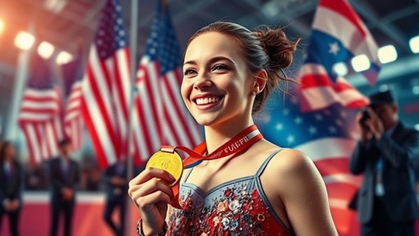 Olympic collage with figure skater, flags, and surveillance theme.