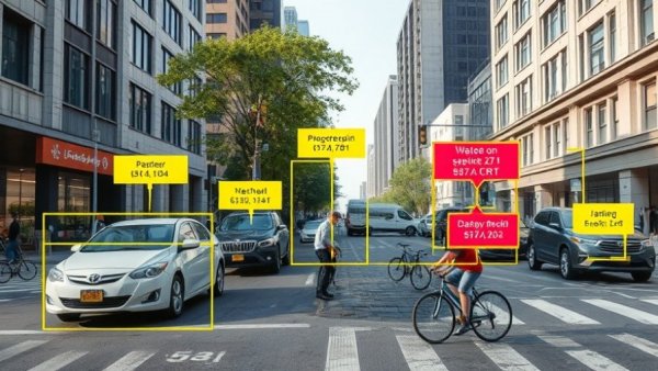 Annotated urban scene for data annotation services, showcasing vehicles and cyclist with labels, enhancing AI innovation.